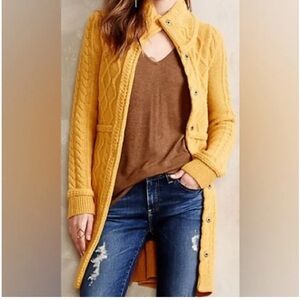 Long Cable Knit Button-Front Sweater Coat in Mustard